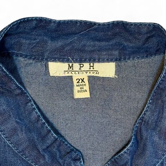 MPH Collection Plus Size Denim Tunic Shirt 2X Floral Applique 3/4 Sleeve Cottage - Picture 3 of 10